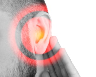 Image of  Man suffering from earache on white background, closeup 