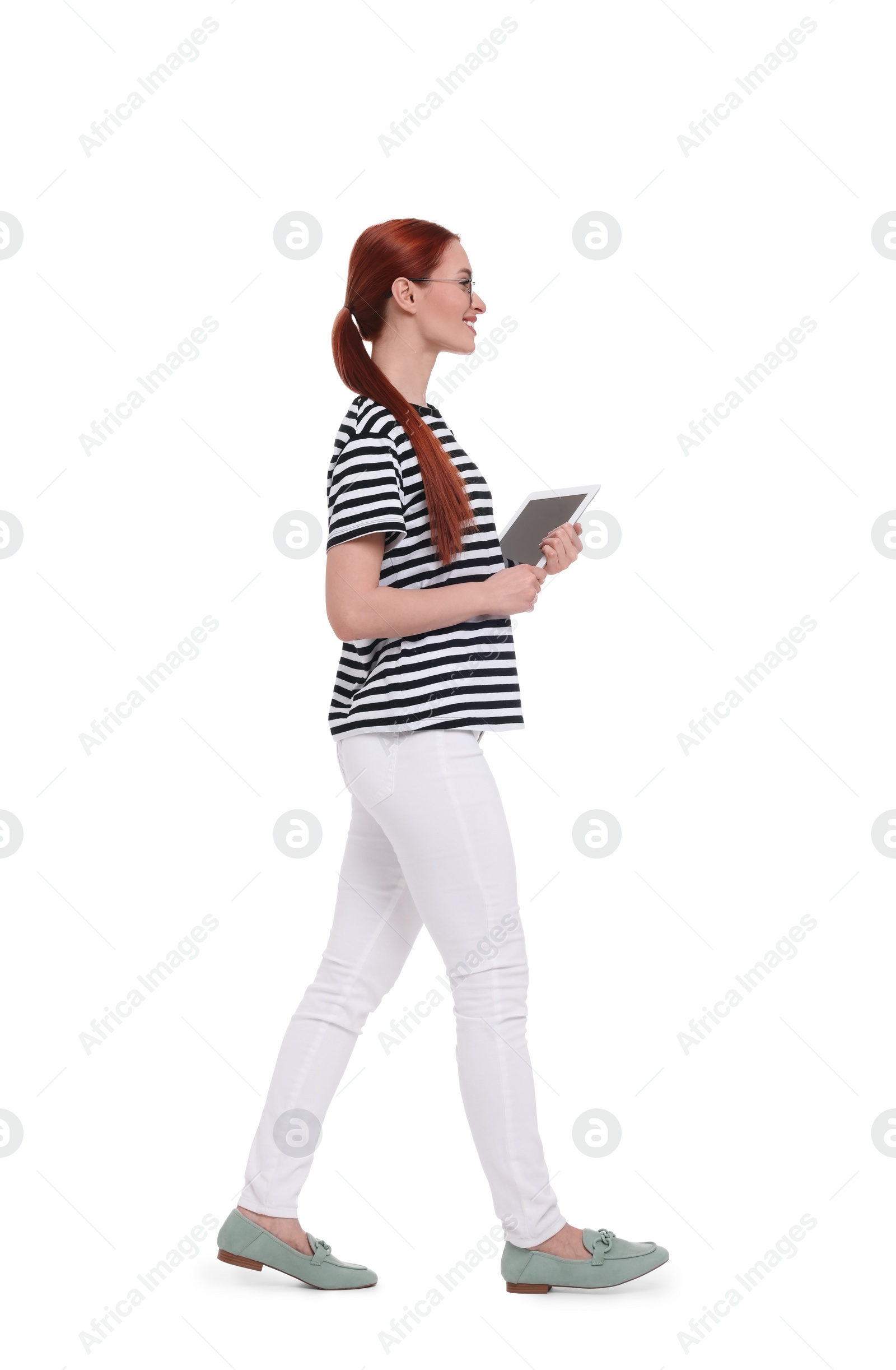 Photo of Happy woman in glasses with tablet on white background