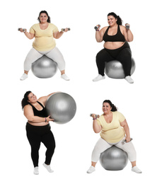 Collage of overweight woman with fitball doing exercises on white background