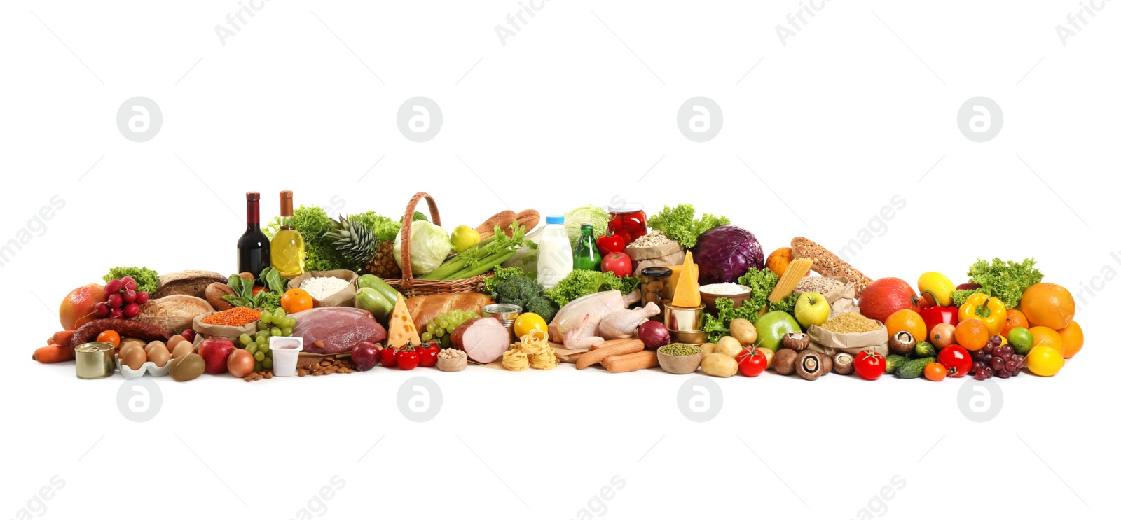 Photo of Different products on white background. Healthy food and balanced diet