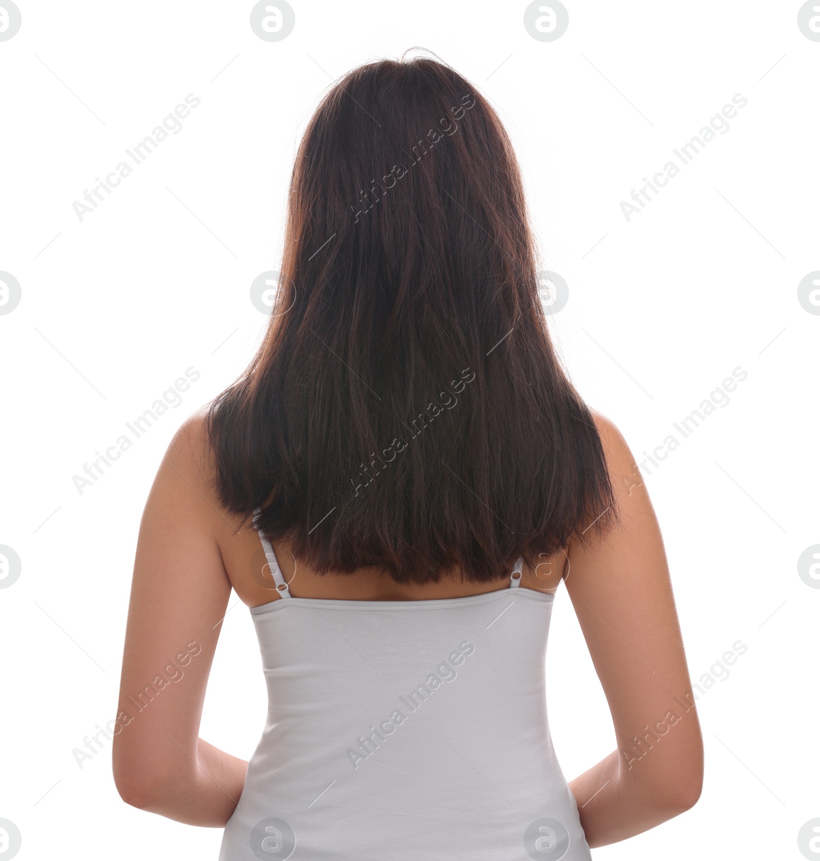 Photo of Woman with damaged hair on white background, back view