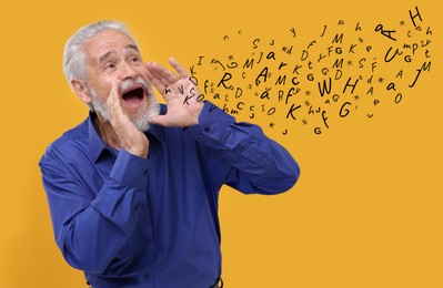 Image of Man shouting something on golden background. Letters flying out of his mouth