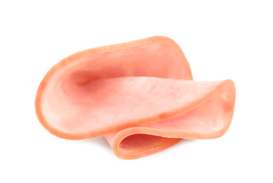 Photo of Slice of tasty fresh ham isolated on white