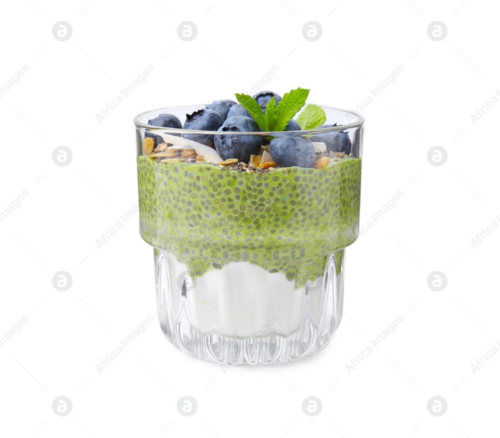 Photo of Tasty matcha chia pudding with oatmeal and blueberries on white background. Healthy breakfast