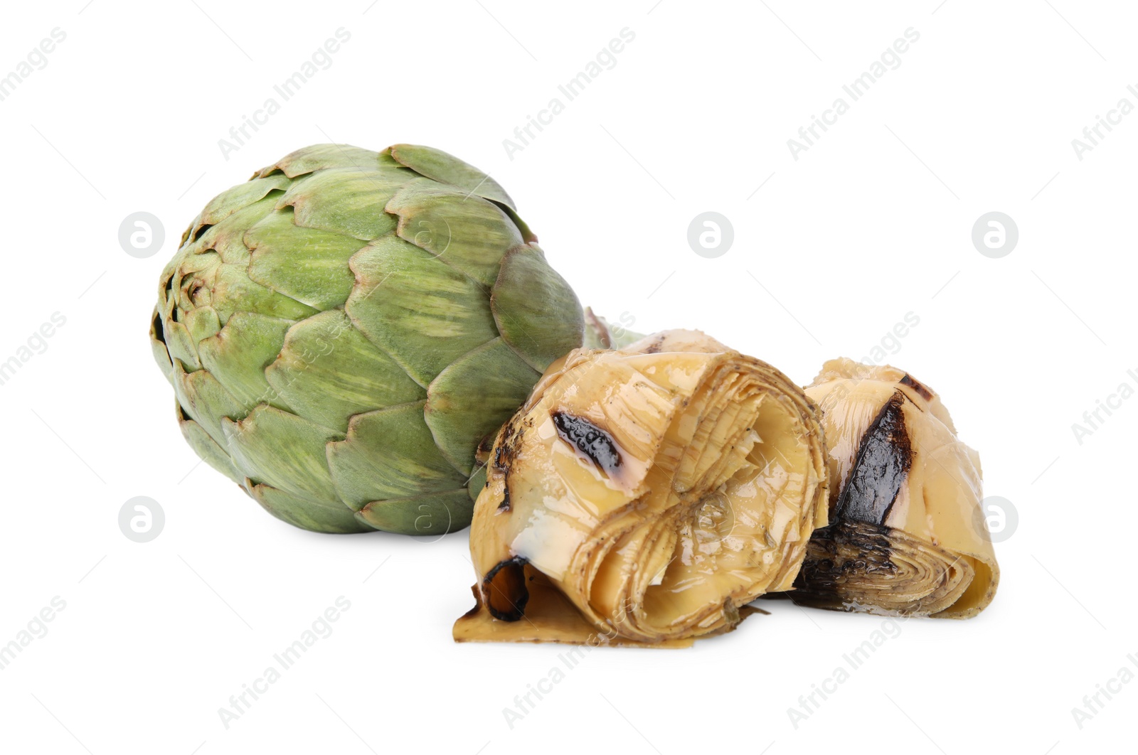 Photo of Delicious pickled artichokes and fresh vegetable on white background