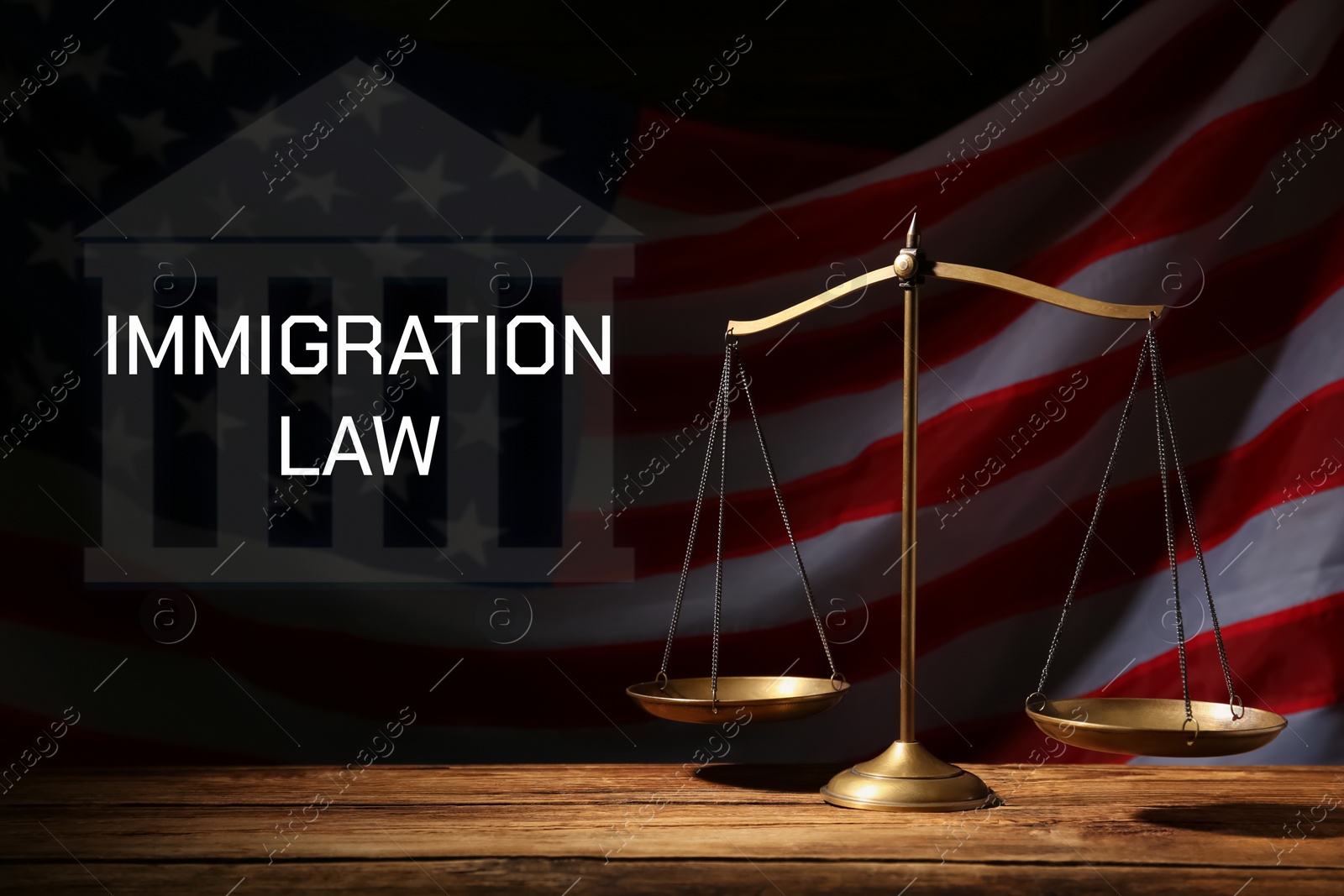 Image of Immigration law. Scales of justice on wooden table against American flag in darkness