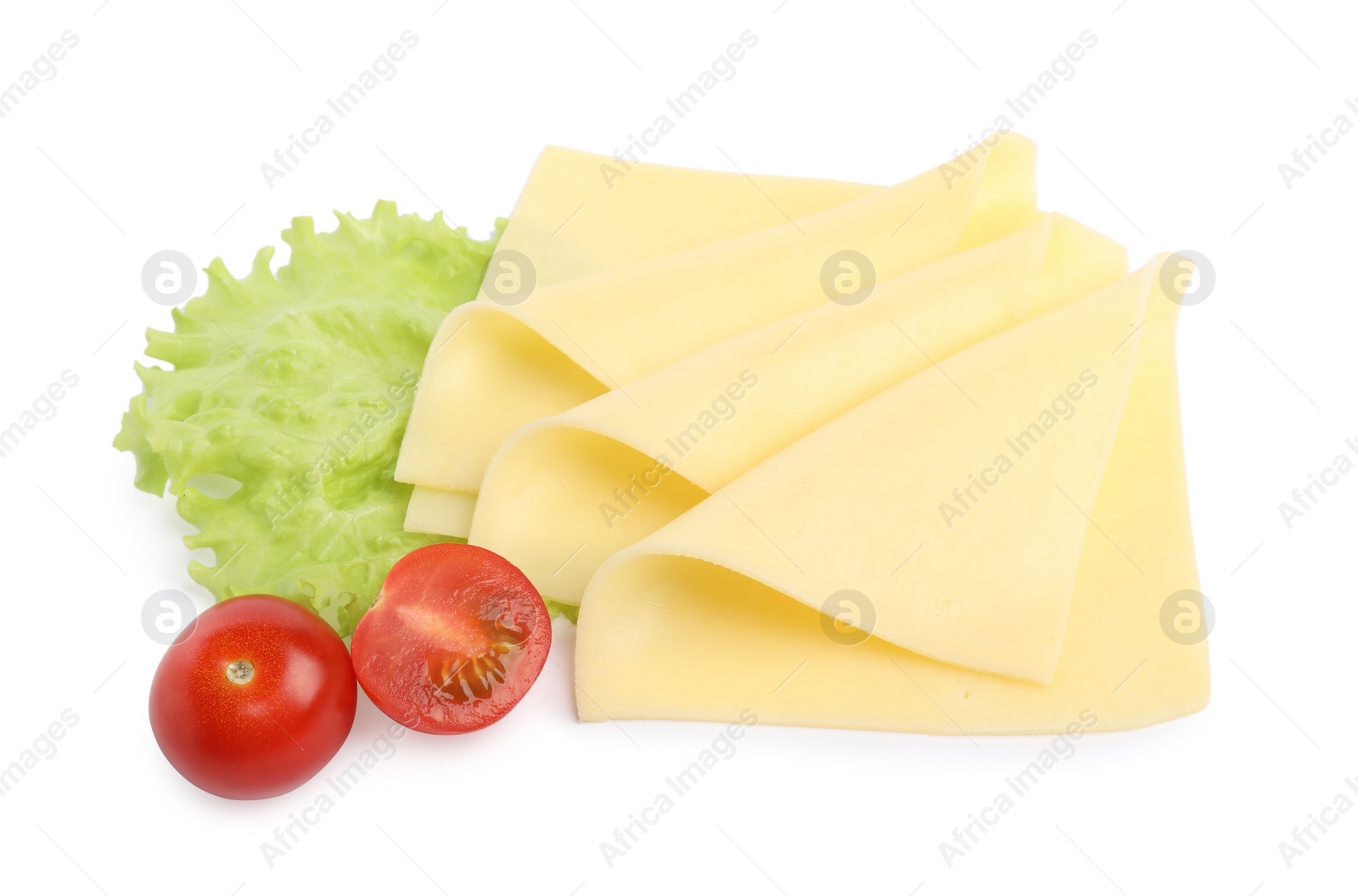 Photo of Slices of fresh cheese, tomatoes and lettuce isolated on white, top view