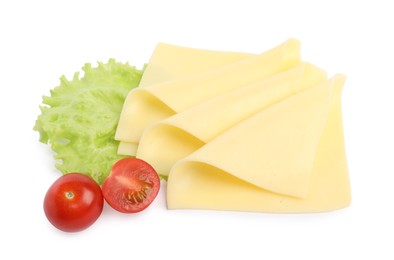 Photo of Slices of fresh cheese, tomatoes and lettuce isolated on white, top view