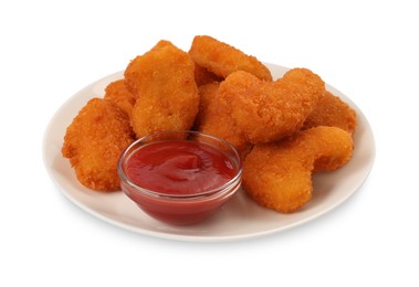 Photo of Plate of tasty chicken nuggets with ketchup isolated on white