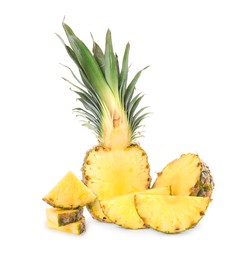 Image of Cut fresh juicy pineapples isolated on white