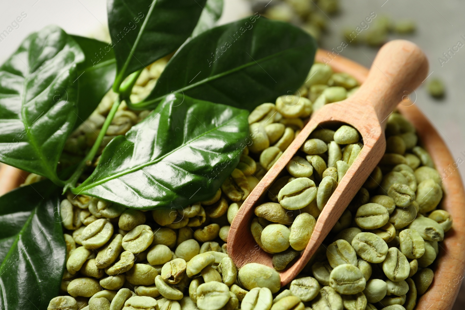 Photo of Green coffee beans, wooden scoop and leaves in bowl, closeup