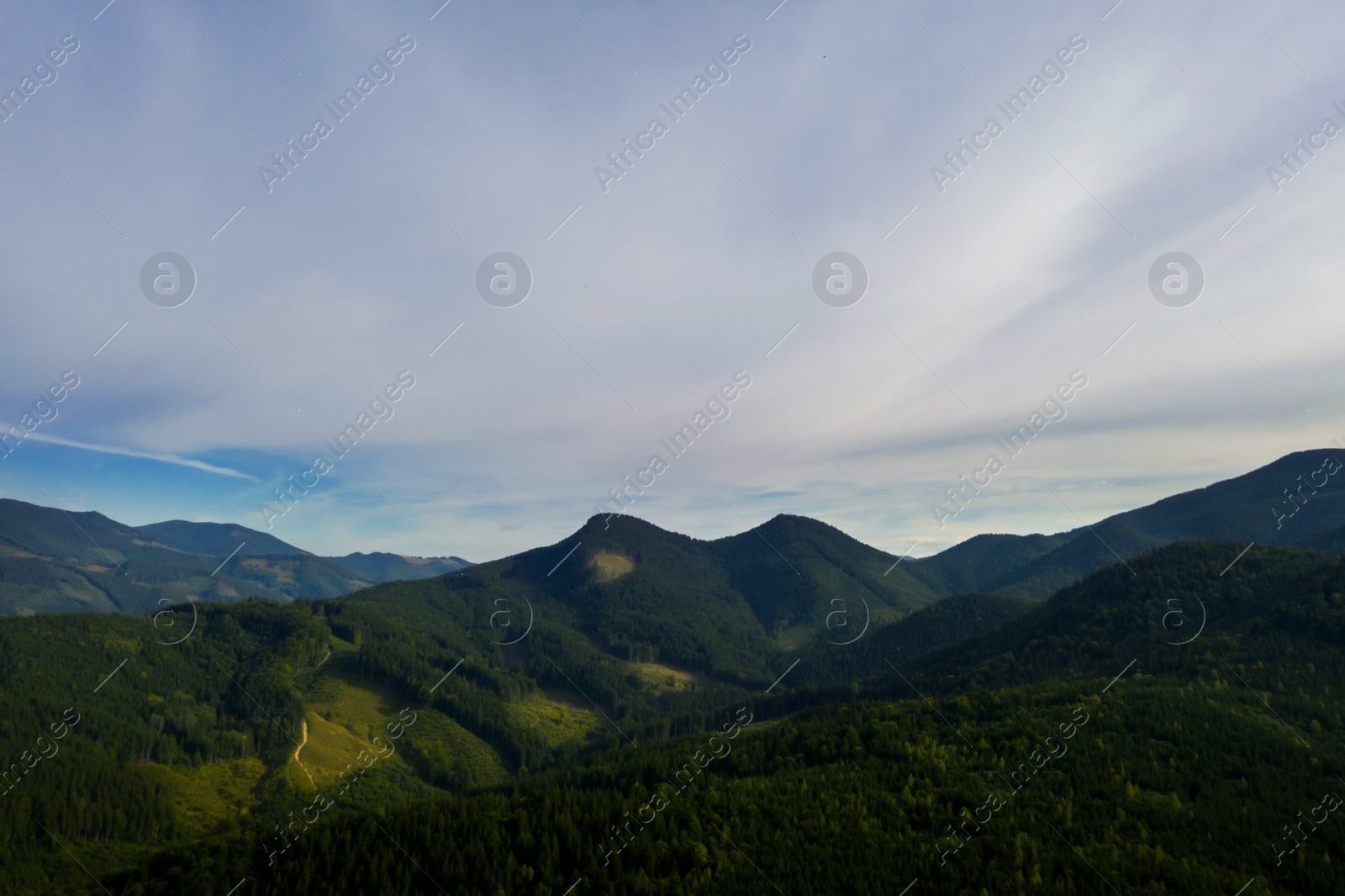 Image of Picturesque view of mountain landscape with forest in morning. Drone photography