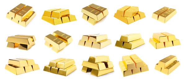Image of Set of shiny gold bars on white background. Banner design