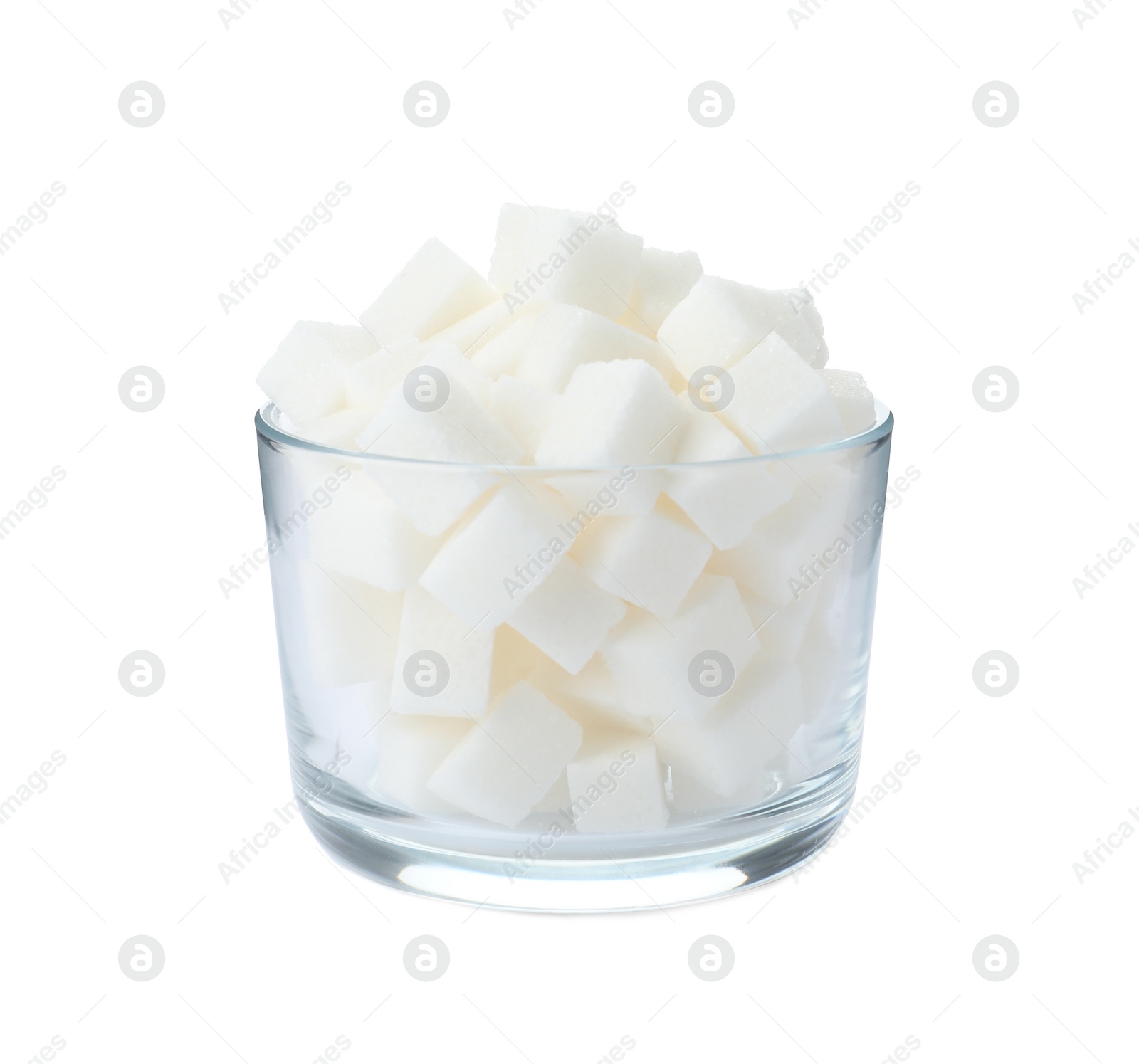 Photo of Glass bowl with sugar cubes isolated on white