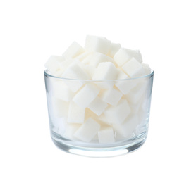 Photo of Glass bowl with sugar cubes isolated on white