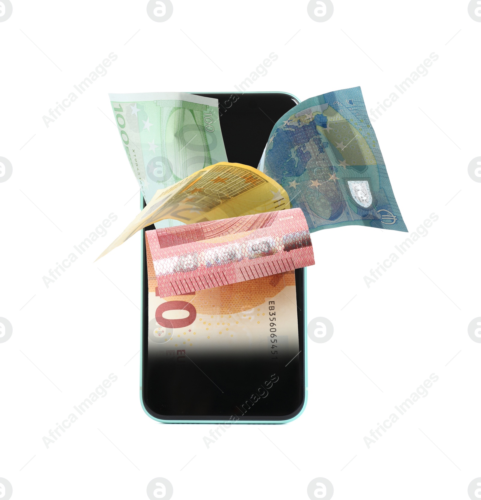 Image of Euro banknotes and modern smartphone on white background