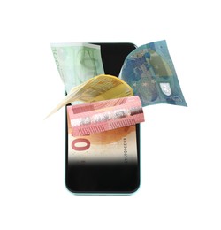 Euro banknotes and modern smartphone on white background