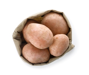 Sack with fresh ripe organic potatoes on white background, top view