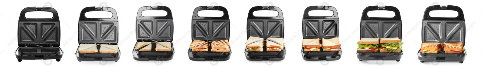 Image of Set with grill makers and tasty sandwiches on white background. Banner design