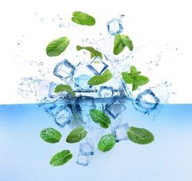 Image of Ice cubes and green mint leaves falling into water on white background