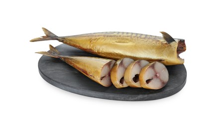 Photo of Delicious smoked mackerel fish on white background