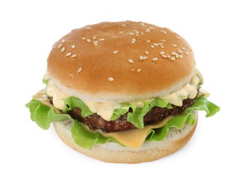 Photo of Delicious cheeseburger with lettuce, sauce and patty isolated on white