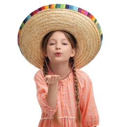 Photo of Cute girl in Mexican sombrero hat blowing kiss on white background