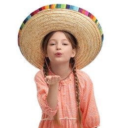 Cute girl in Mexican sombrero hat blowing kiss on white background