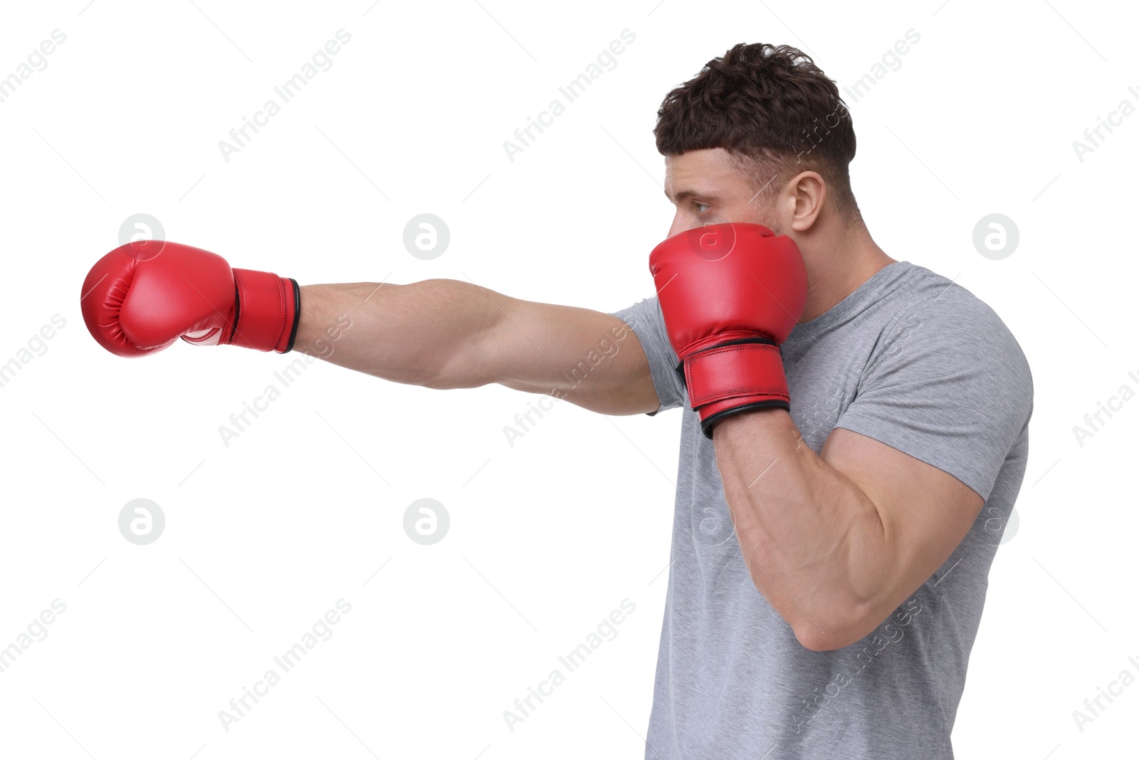 Photo of Man in boxing gloves fighting on white background