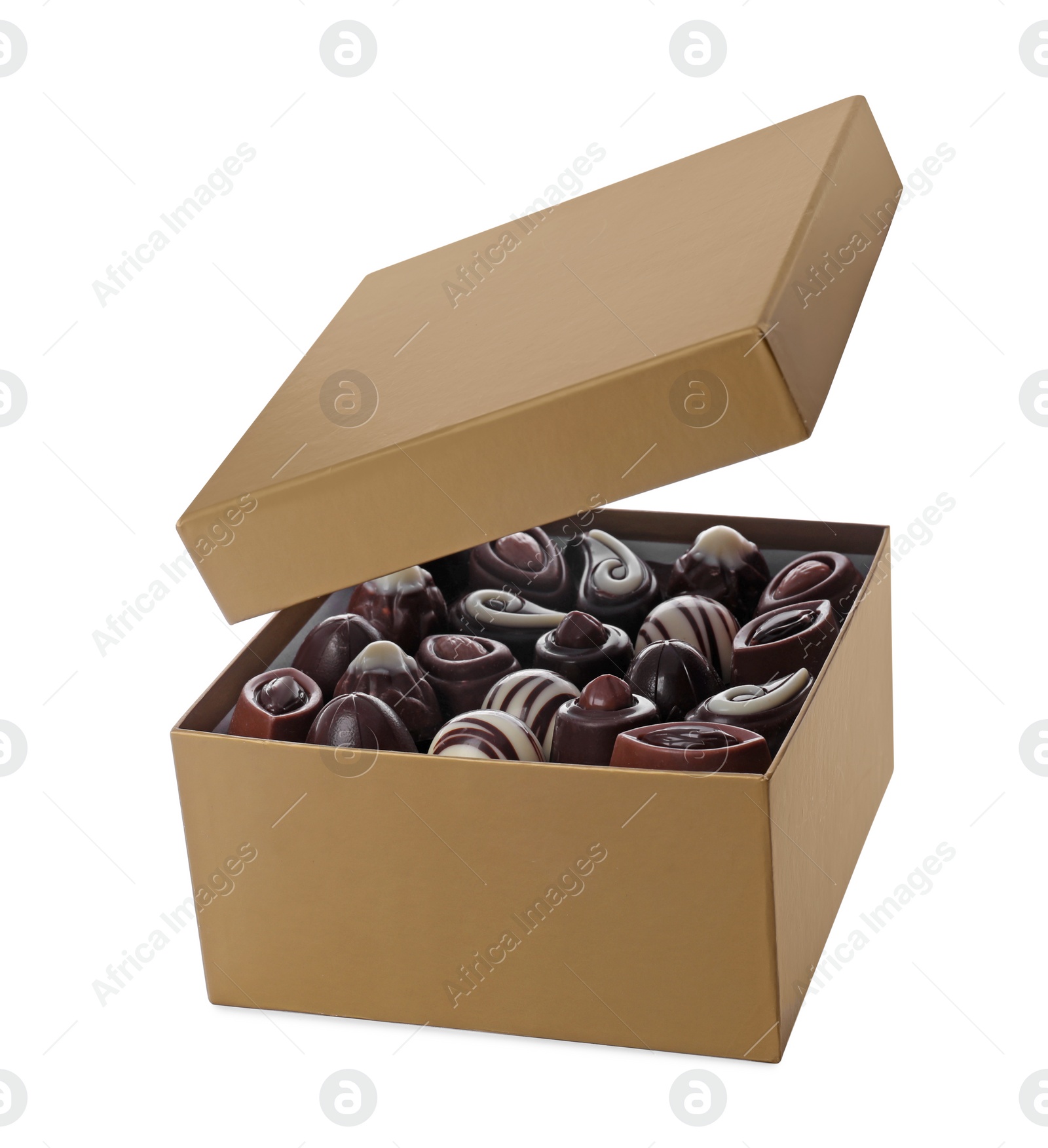 Photo of Box of delicious chocolate candies isolated on white