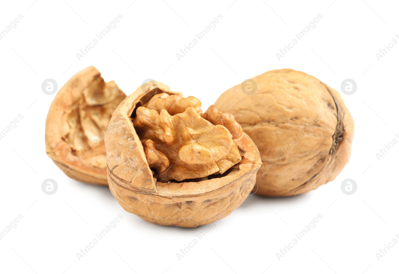 Photo of Fresh ripe walnuts in shell on white background