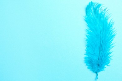 Photo of Beautiful feather on light blue background, top view. Space for text