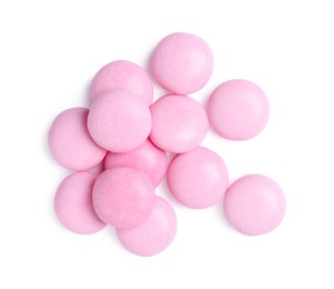Tasty pink bubble gums isolated on white, top view