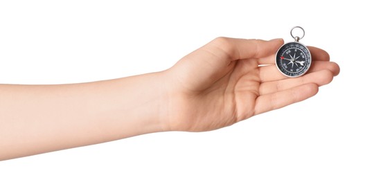 Woman holding compass on white background, closeup