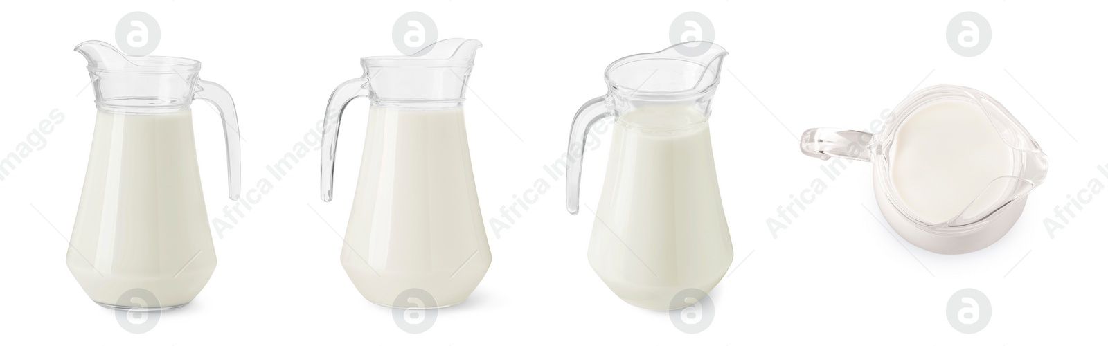 Image of Collage with glass pitcher of milk isolated on white, different angles