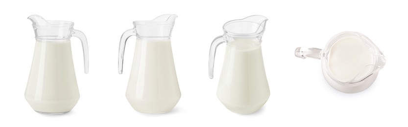 Collage with glass pitcher of milk isolated on white, different angles