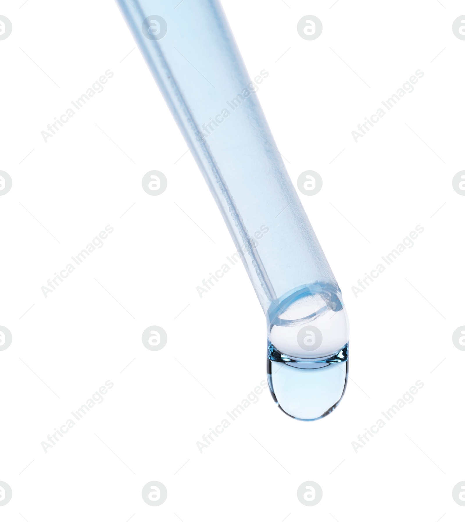 Photo of Dripping liquid from pipette isolated on white, closeup