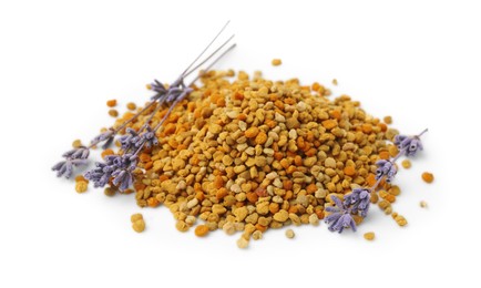Photo of Pile of fresh bee pollen granules and lavender isolated on white