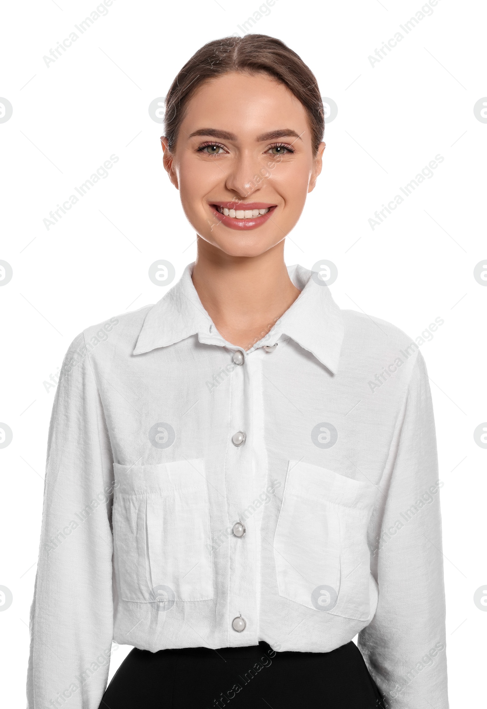 Photo of Portrait of hostess in uniform on white background