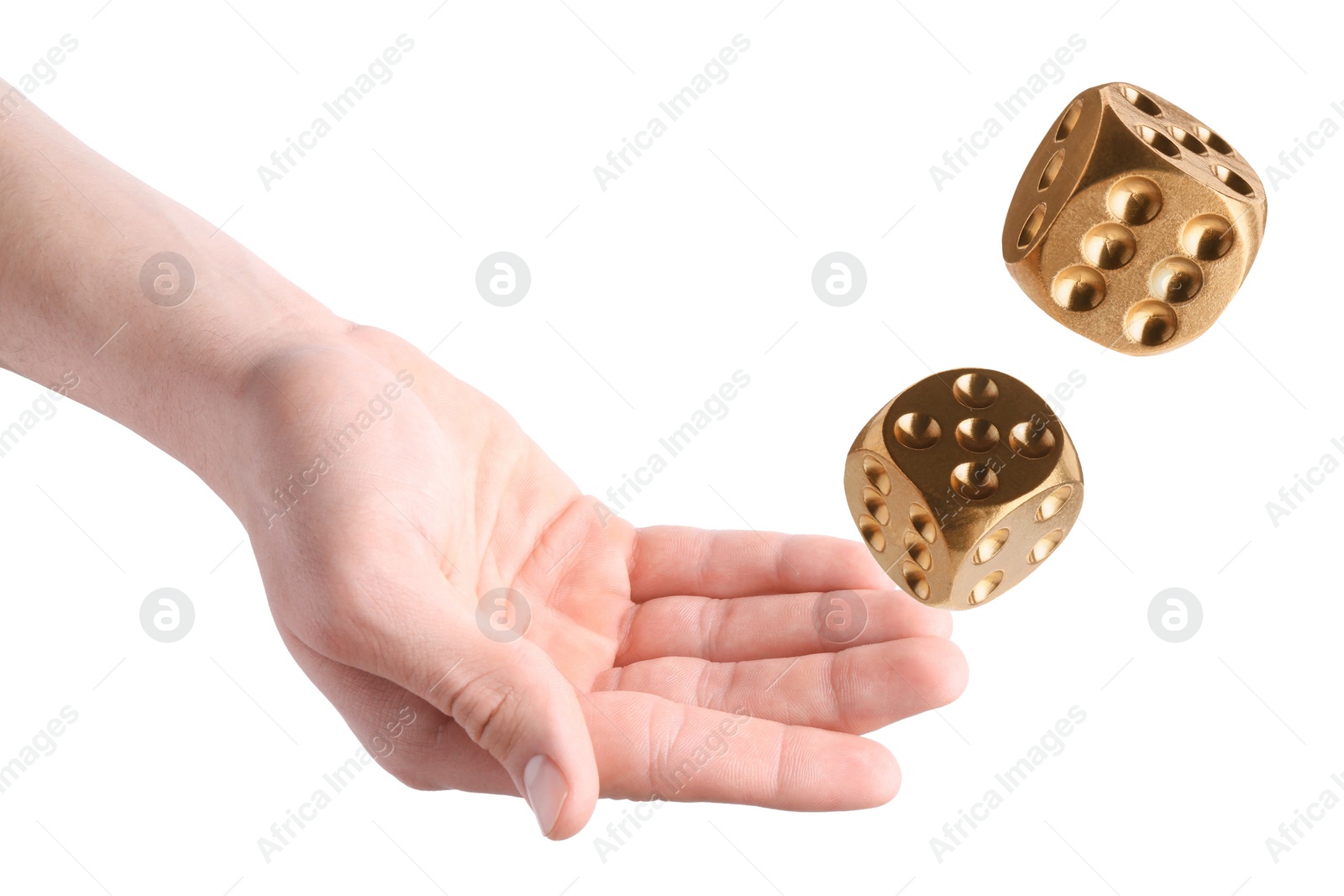 Image of Man throwing golden dice on white background, closeup