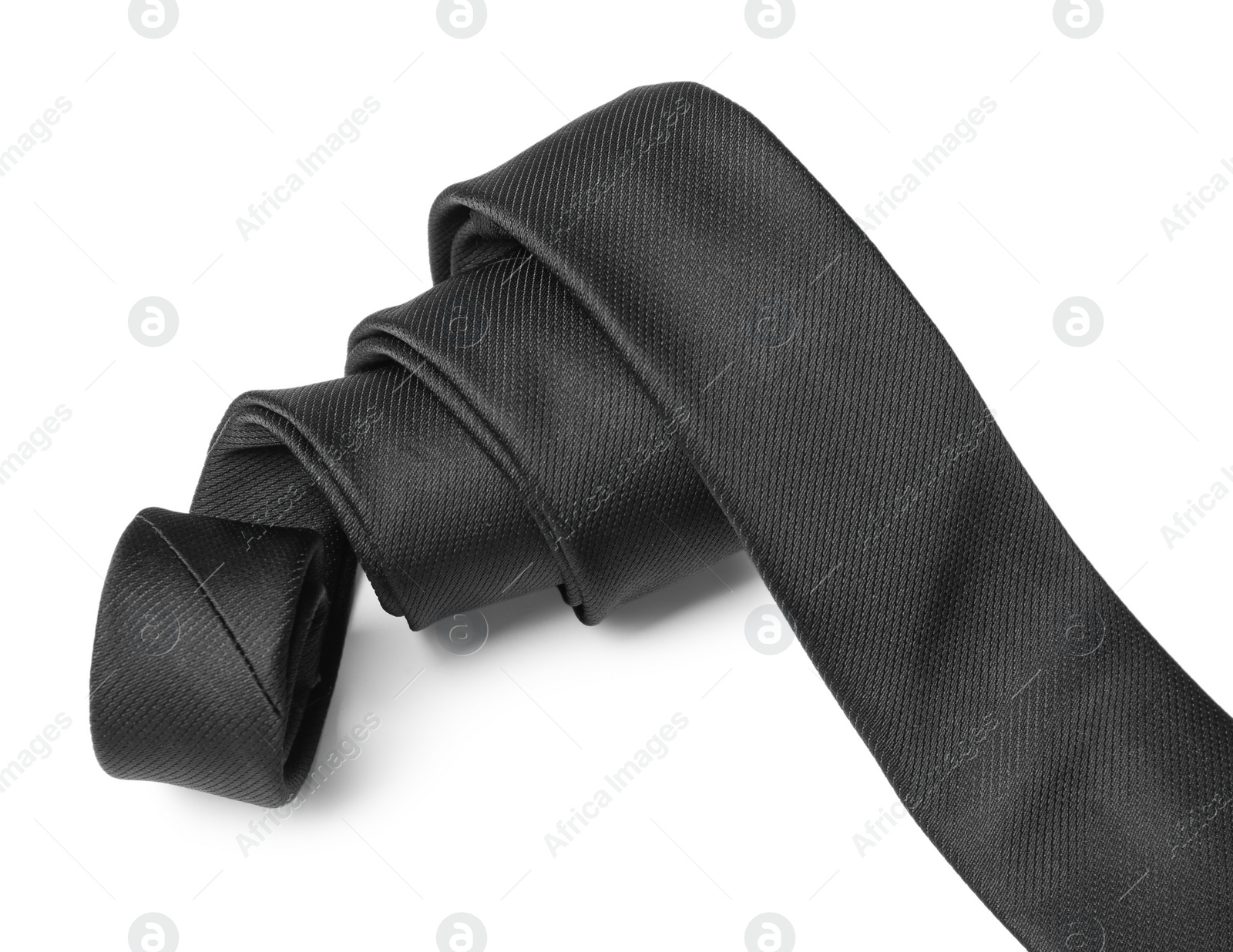 Photo of Black male necktie isolated on white, closeup