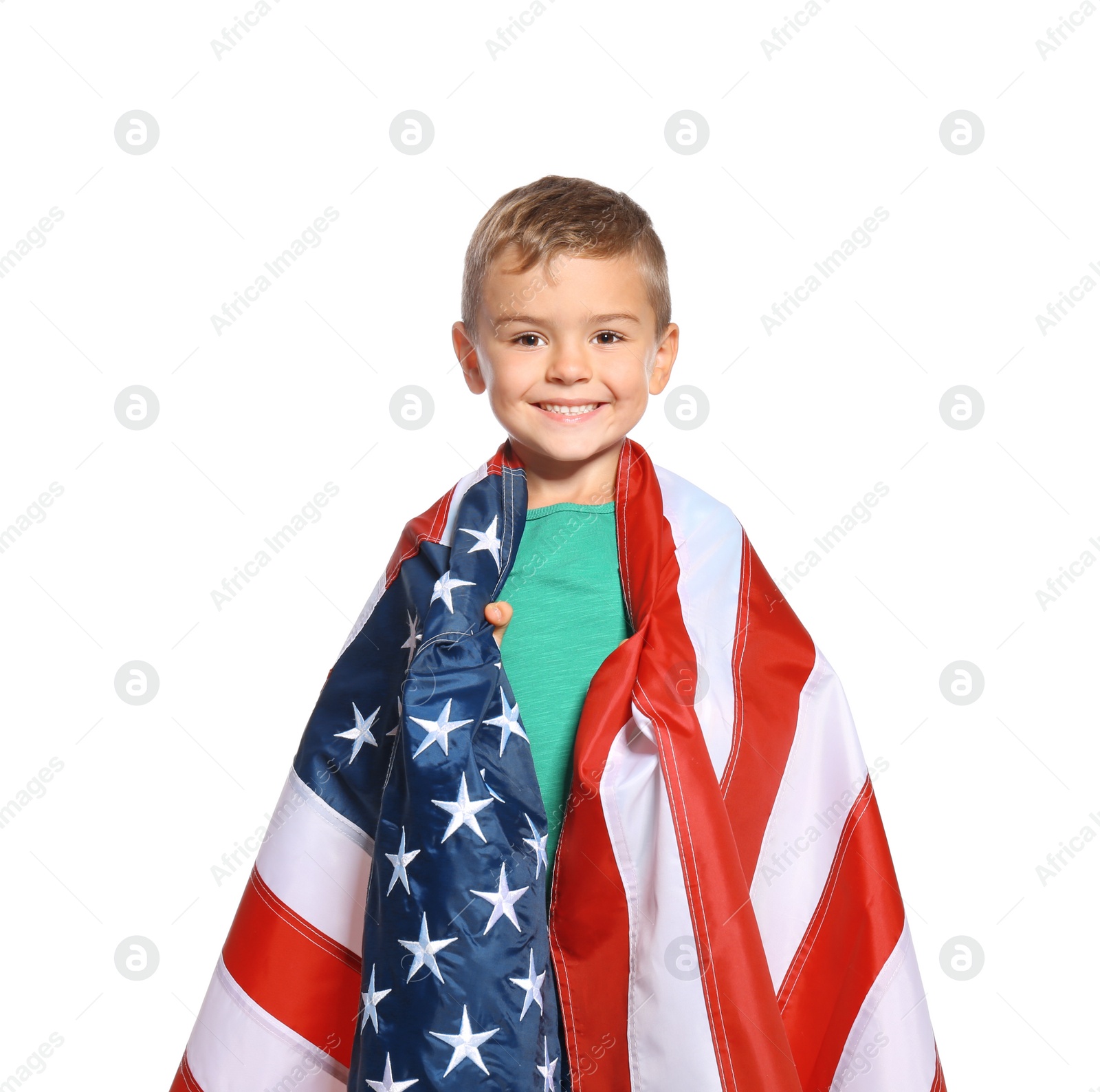 Photo of Little boy with American flag on white background