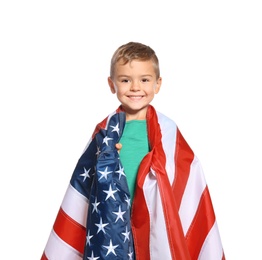 Little boy with American flag on white background