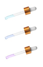 Image of Pipettes with different essential oils on white background, collage