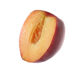 Photo of Half of sweet juicy peach on white background