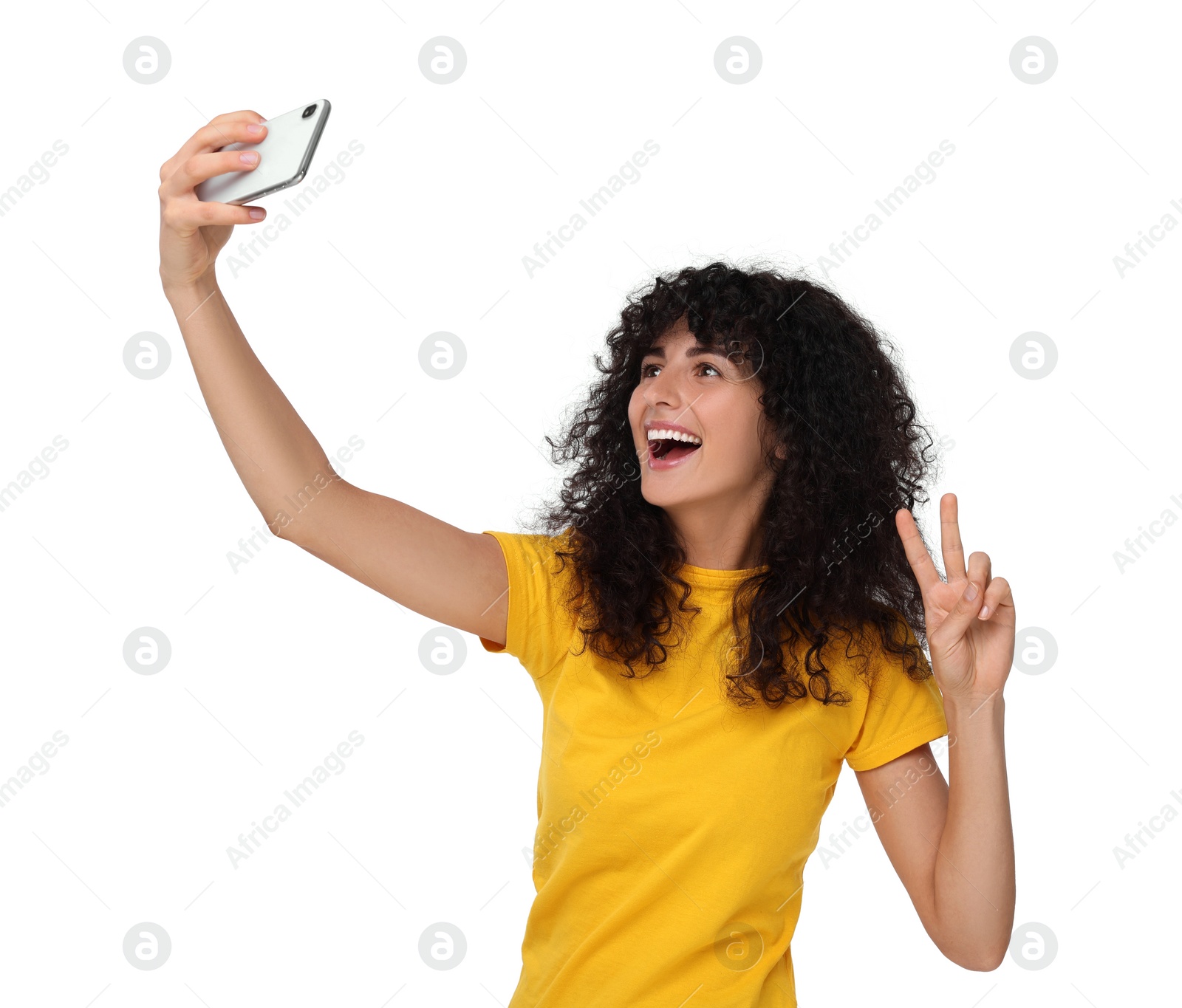 Photo of Beautiful young woman taking selfie on white background