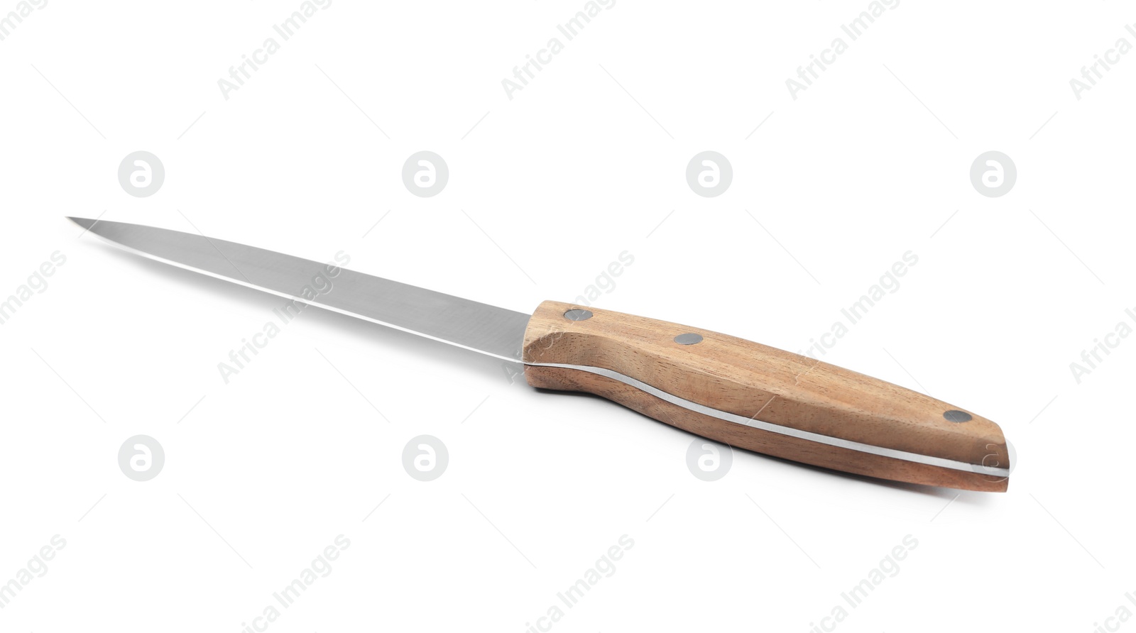 Photo of Sharp utility knife with wooden handle isolated on white