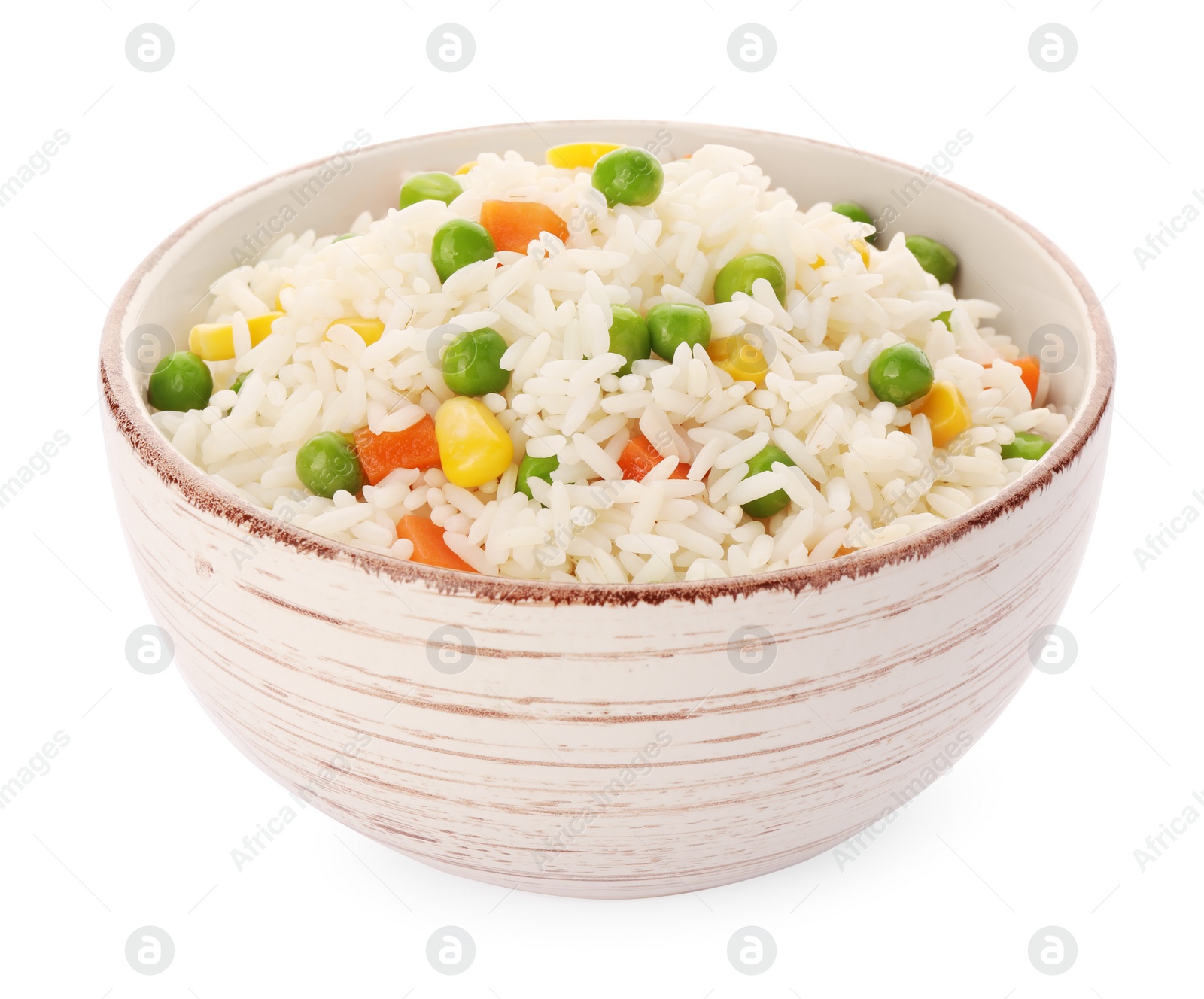 Photo of Bowl of delicious rice with vegetables isolated on white