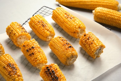 Photo of Cooling rack with grilled corn cobs on light background