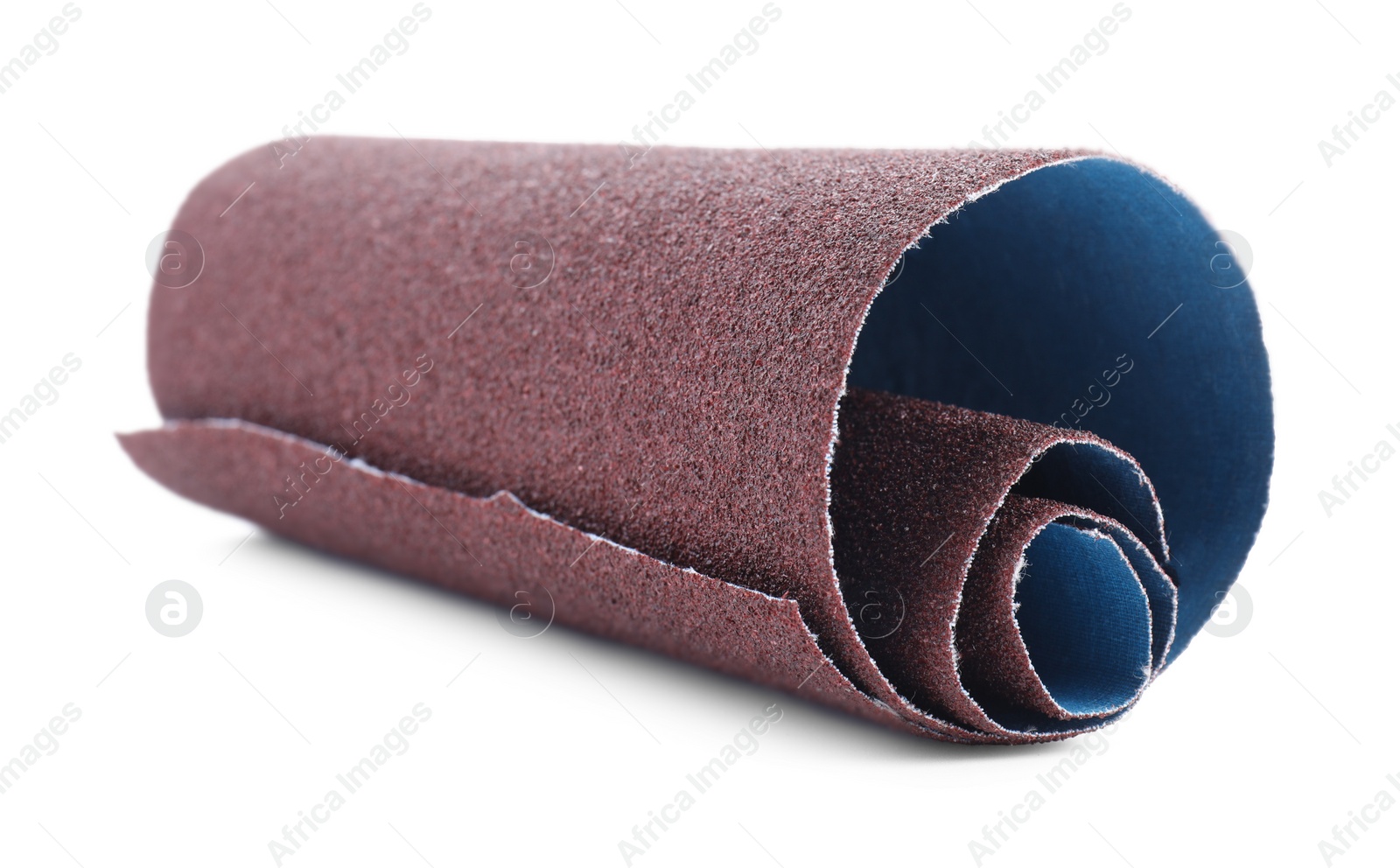 Photo of Rolled sheet of sandpaper isolated on white